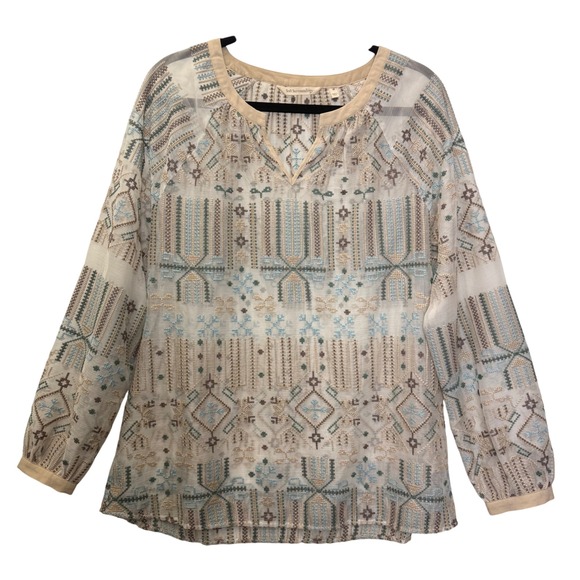 Soft Surroundings Tops - Soft Surroundings Women's Beige Blue Embroidered Long‎ Sleeve Blouse Top